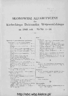 Skorowidz alfabetyczny do Kieleckiego Dziennika Wojewódzkiego, rok 1948, nr 1-16