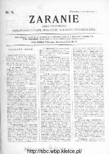 Zaranie : pismo tygodniowe ogólno-kształcące, społeczne, rolnicze i przemysłowe 1910, nr 14