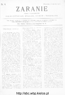 Zaranie : pismo tygodniowe ogólno-kształcące, społeczne, rolnicze i przemysłowe 1911, nr 4