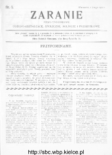 Zaranie : pismo tygodniowe ogólno-kształcące, społeczne, rolnicze i przemysłowe 1911, nr 5