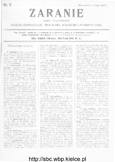 Zaranie : pismo tygodniowe ogólno-kształcące, społeczne, rolnicze i przemysłowe 1911, nr 8