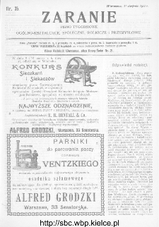 Zaranie : pismo tygodniowe ogólno-kształcące, społeczne, rolnicze i przemysłowe 1911, nr 35