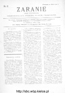 Zaranie : pismo tygodniowe ogólno-kształcące, społeczne, rolnicze i przemysłowe 1912, nr 12