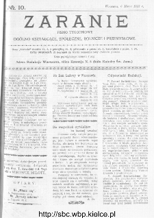 Zaranie : pismo tygodniowe ogólno-kształcące, społeczne, rolnicze i przemysłowe 1913, nr 10
