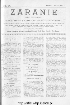 Zaranie : pismo tygodniowe ogólno-kształcące, społeczne, rolnicze i przemysłowe 1913, nr 14