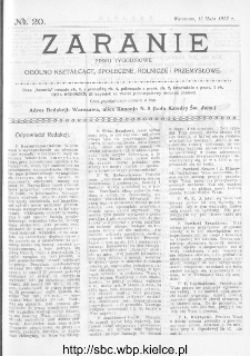 Zaranie : pismo tygodniowe ogólno-kształcące, społeczne, rolnicze i przemysłowe 1913, nr 20