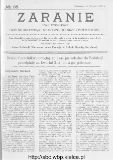 Zaranie : pismo tygodniowe ogólno-kształcące, społeczne, rolnicze i przemysłowe 1913, nr 35
