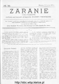 Zaranie : pismo tygodniowe ogólno-kształcące, społeczne, rolnicze i przemysłowe 1913, nr 38