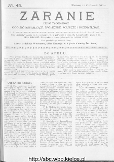 Zaranie : pismo tygodniowe ogólno-kształcące, społeczne, rolnicze i przemysłowe 1913, nr 42