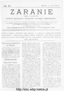 Zaranie : pismo tygodniowe ogólno-kształcące, społeczne, rolnicze i przemysłowe 1913, nr 47