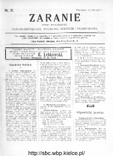Zaranie : pismo tygodniowe og&oacute;lno-kształcące, społeczne, rolnicze i przemysłowe 1910, nr 21