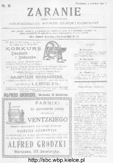 Zaranie : pismo tygodniowe og&oacute;lno-kształcące, społeczne, rolnicze i przemysłowe 1911, nr 36
