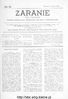 Zaranie : pismo tygodniowe og&oacute;lno-kształcące, społeczne, rolnicze i przemysłowe 1912, nr 31
