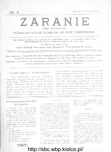 Zaranie : pismo tygodniowe og&oacute;lno-kształcące, społeczne, rolnicze i przemysłowe 1914, nr 4