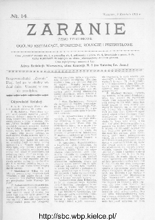 Zaranie : pismo tygodniowe og&oacute;lno-kształcące, społeczne, rolnicze i przemysłowe 1914, nr 14