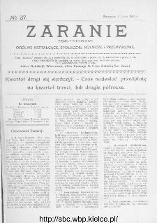 Zaranie : pismo tygodniowe og&oacute;lno-kształcące, społeczne, rolnicze i przemysłowe 1914, nr 27